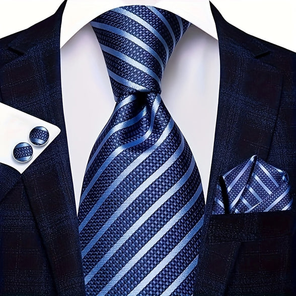 Men's Classic Fashion Striped Handkerchief and Cufflink Set for Business Parties