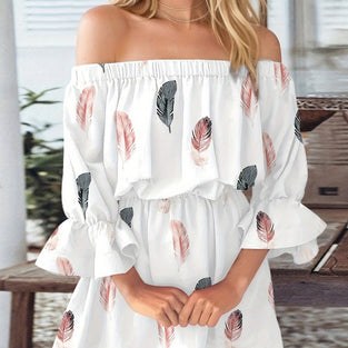 Feather Print Off Shoulder Dress, Casual Dress For Spring & Summer, Women's Clothing