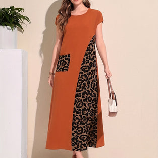 Contrast Leopard Crew Neck Dress, Elegant Short Sleeve Dress For Spring & Summer, Women's Clothing