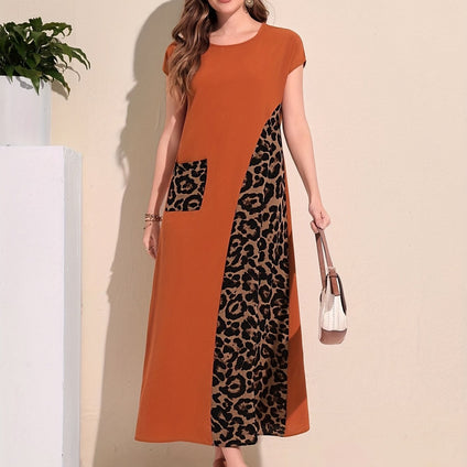 Contrast Leopard Crew Neck Dress, Elegant Short Sleeve Dress For Spring & Summer, Women's Clothing