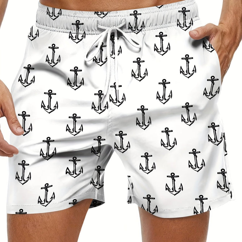 Men's Trendy Hawaiian Anchor Print Swim Shorts for Summer Fun