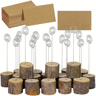 12pcs Premium Wood Card Holders With Swirl Wire And 24pcs Kraft Cards, Rustic Wood Table Number Holders Stands, Name Cards Photo Holders For Wedding Party Sign Food Cards Label