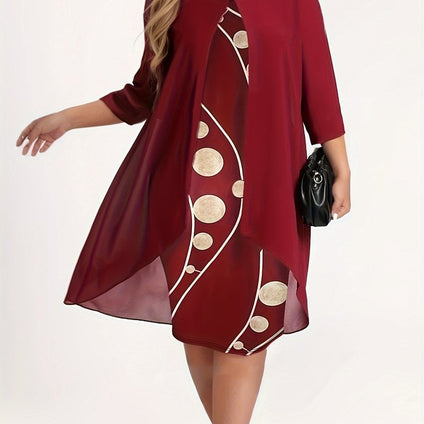 Abstract Print Layered Dress, Elegant 3/4 Sleeve Crew Neck Dress, Women's Clothing