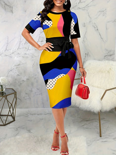 Geo Print Crew Neck Dress, Elegant Short Sleeve Belted Sheath Dress For Spring & Summer, Women's Clothing