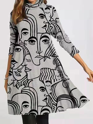 Figure Print Long Sleeve Dress, Casual Turtle Neck Dress, Women's Clothing