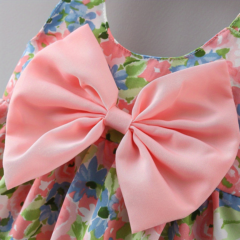 Sweet Baby Girls Flower Print Puffy Cami Dress with Bow Hat - Perfect for Beach Holidays!