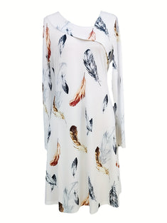 Feather Print Skew Neck Dress, Casual Long Sleeve Dress For Spring & Fall, Women's Clothing