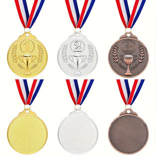 3-Piece Golden, Silvery, Bronze Metal Award Medals with Neck Ribbon for Sports Competition