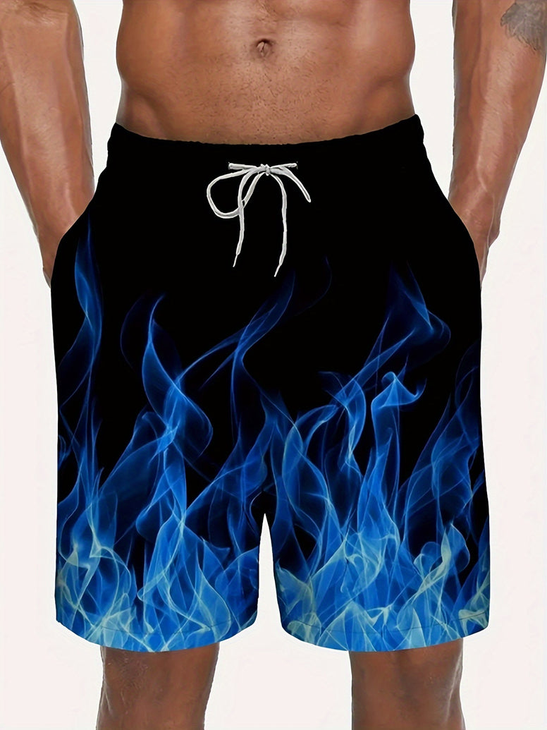 Fire Up Your Style: Men's 3D Flame Print Casual Swim Trunks