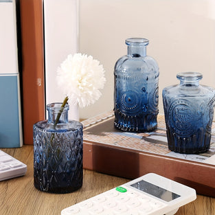 14pcs Bulk Glass Flower Bud Vase Set, Gradient Blue Relief Flower Vase For Center Decoration, Mini Vintage Glass Vase, Suitable For Wedding Home Table Party Decoration, Multiple Sizes