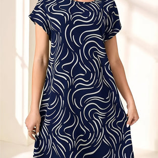 Abstract Print Above Knee Dress, Elegant Crew Neck Short Sleeve Dress, Women's Clothing