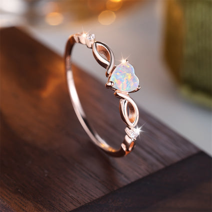 Shimmering Opal Heart Ring in Silver or Rose Gold