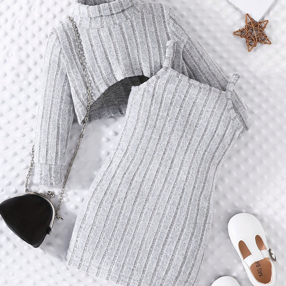 Baby Girl Casual Fashion Two-Piece Set: Long-Sleeved Top and Suspender Skirt Combination Set