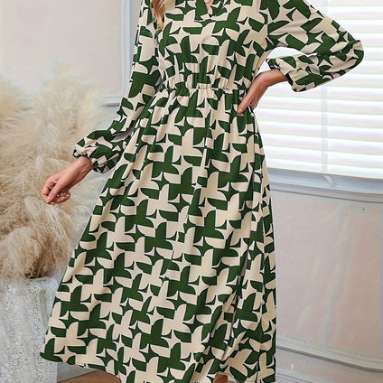 Allover Print Notch Neck Dress, Casual Long Sleeve Dress For Spring & Fall, Women's Clothing