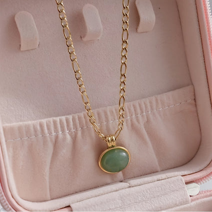 Green Stone Pendant Necklace Elegant 18K Plated Stainless Steel Accessory