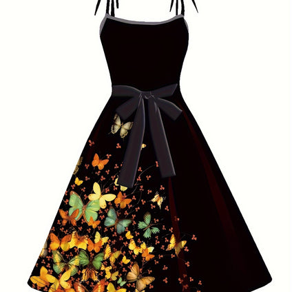 Butterfly Print Tied Strap Dress, Elegant Belted A-line Dress For Spring & Summer, Women's Clothing