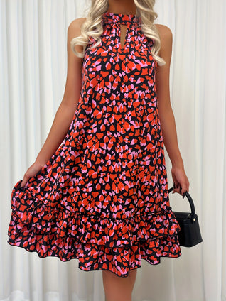 Heart Print Cut Out Dress, Elegant Tiered Ruffle Hem Sleeveless Dress, Women's Clothing