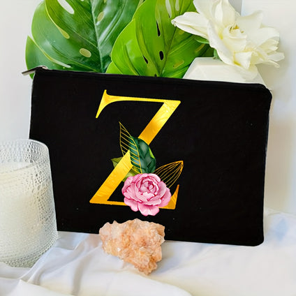 1 Pc 26 Initials Flower Cosmetic Bag, A-Z Letter Storage Bags, Women Travel Bridesmaid Gift Ladies Portable Cosmetic Case