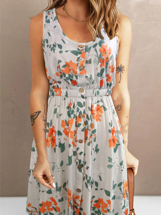 Graphic Print Button Front Dress, Casual Sleeveless Ruched Dress, Women's Clothing