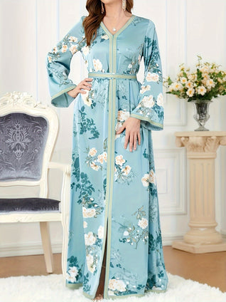 Ramadan Floral Print V-neck Split Kaftan Dress, Elegant Tie Waist Maxi Length Dress, Women's Clothing