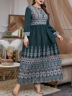 Ethnic Print Crew Neck Smocked Dress, Vintage Long Sleeve Aline Dress For Spring & Fall, Women's Clothing