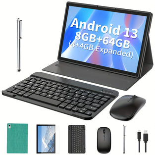 10-Inch 2-in-1 Android Tablet Bundle: Keyboard, Case, Mouse, Stylus, 6GB/64GB, 1TB Expandable, Dual Camera, WiFi, BT, GMS Certified