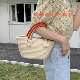 1pc, Christmas Party Bridesmaid Gift Bag Exquisite Rainbow Tote Small Bag Women's New Handmade Cotton Thread Women's Bag Straw Bag All-match Seaside Vacation Beach Bag, Small Business Supplies, Shopping Bag, Party Bag, Party Gift Bag, Craft Tote Bag