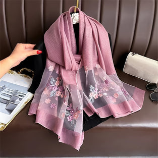 Embroidered Flower Scarf Thin Breathable Shawl Mature Style Sunscreen Travel Scarf For Women