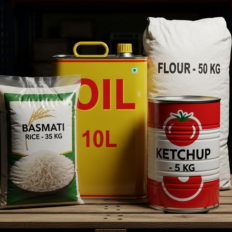 Essentials Package: 35 kg Al Zaeem basmati rice, 10  liters Oil, 50 kg Flour from Al Dahabi, 5 Kg ketchup