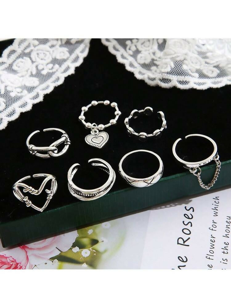 7pcs/set Unique Metal Geometric Chains, Open Heart Joint Rings for Women