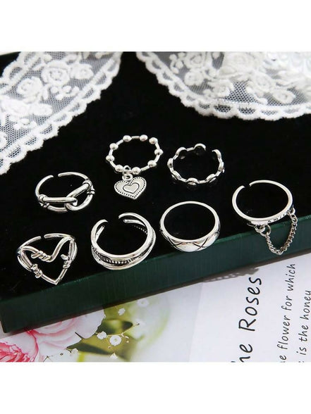 7pcs/set Unique Metal Geometric Chains, Open Heart Joint Rings for Women