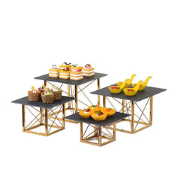 Hadi Wedding Decoration Banquet Display Racks Gold Square Buffet Table Riser Metal Stainless Steel Luxury Food Buffet Stands (set).