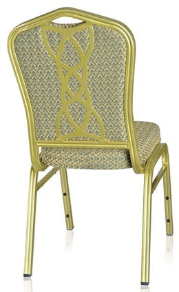 Iron banquet chair with back design and Gold Iron frame + Blue Fabric cushion