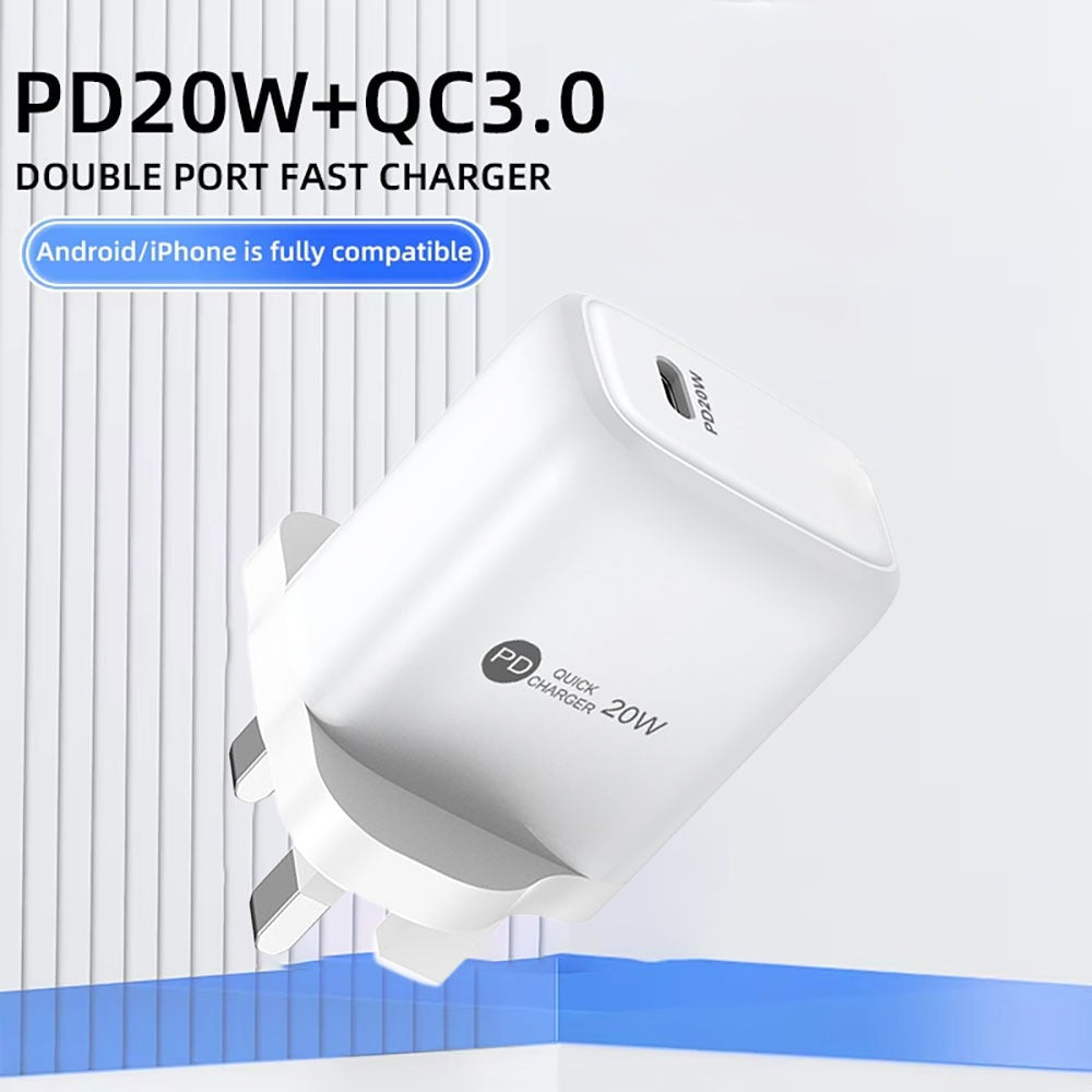 UK PLUG 1PD 20W USB Type C PD Charger, Adapter Fast Charger For iPhone 16 15 Quick Charge 3.0 QC USB C for Xiaomi