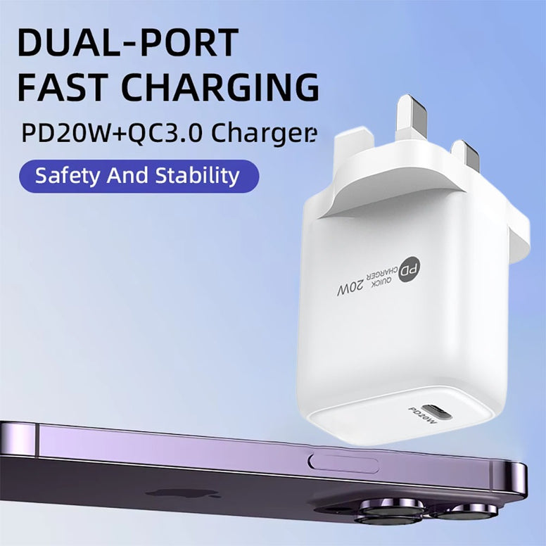 UK PLUG 1PD 20W USB Type C PD Charger, Adapter Fast Charger For iPhone 16 15 Quick Charge 3.0 QC USB C for Xiaomi