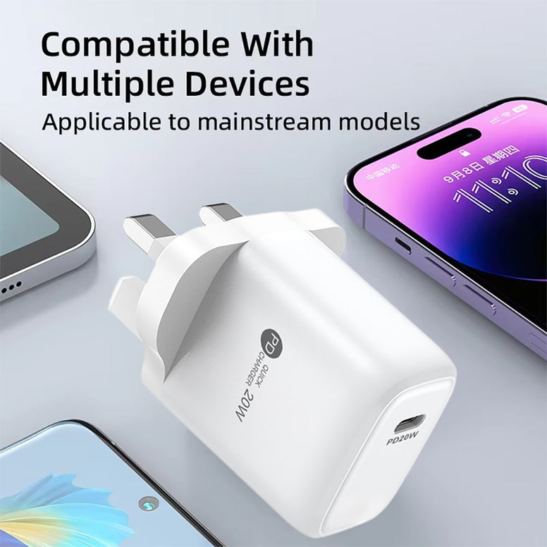 UK PLUG 1PD 20W USB Type C PD Charger, Adapter Fast Charger For iPhone 16 15 Quick Charge 3.0 QC USB C for Xiaomi