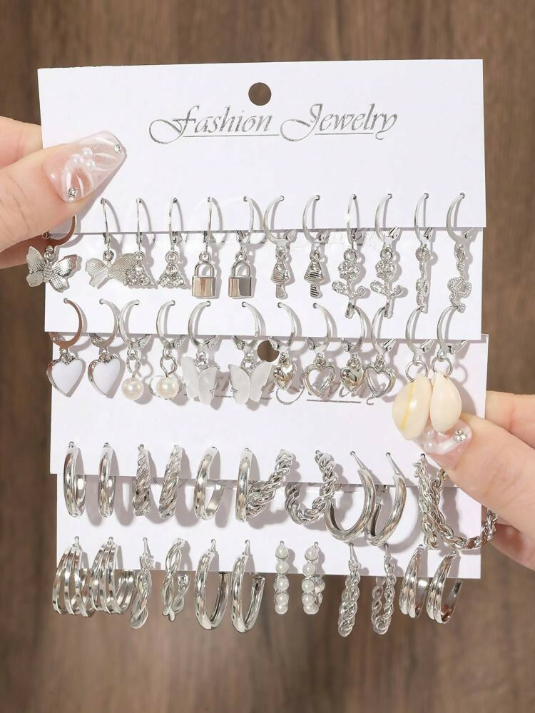 24 Pairs/Set Fashion Faux Pearl Decor Twist Design Hoop Earrings for Women Daily Life Heart Shape Dangle Earrings....