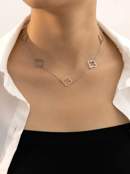 One Piece Gorgeous Summer Cut Hollow Shape Blossom Metal Necklace, Geometric Four Leaf Clover Design Pendant Necklace for Back to School....