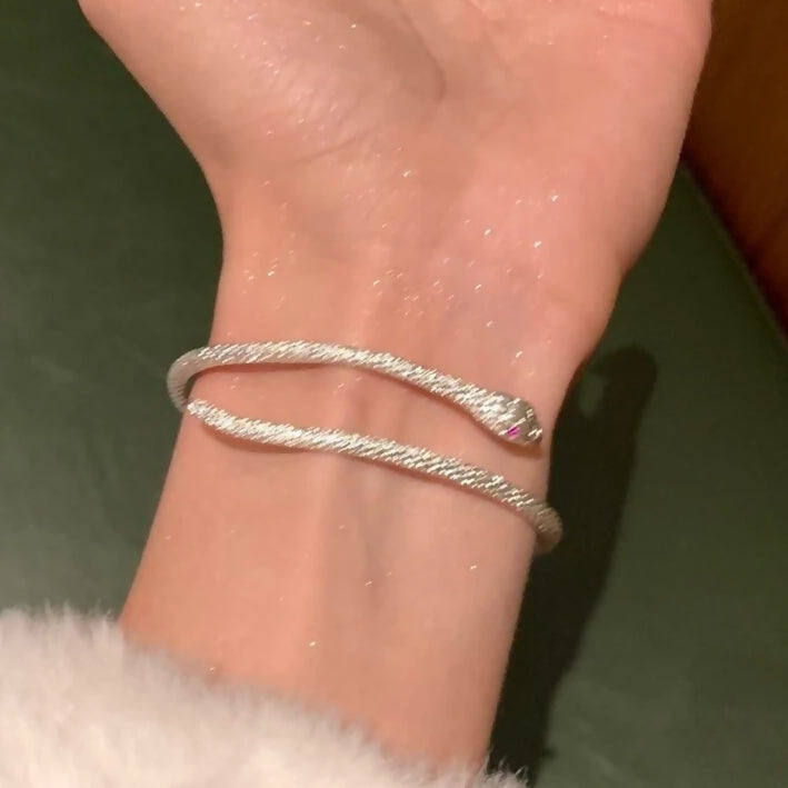 Rare silver snake shape bracelet with diamonds & adjustable & textured cuff for women