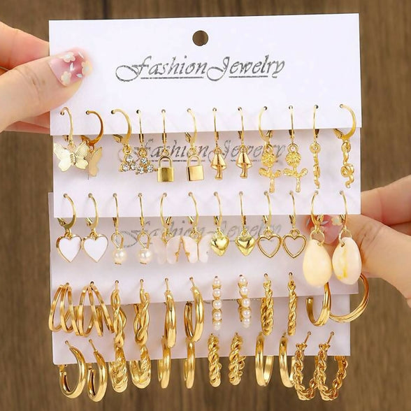 24 Pairs/Set Fashion Faux Pearl Decor Twist Design Hoop Earrings for Women Daily Life Heart Shape Dangle Earrings....