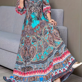 Ethnic Embroidered Maxi Dress, Boho V Neck Half Sleeve Dress, Women's Clothing