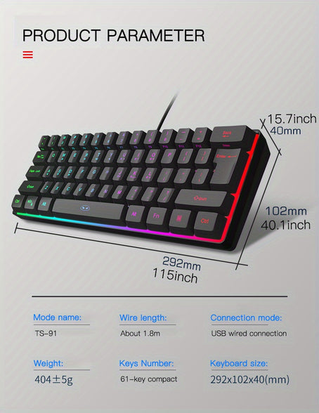 TS91 Mini 60 Gaming Office Keyboard: Waterproof, Compact, RGB Backlit