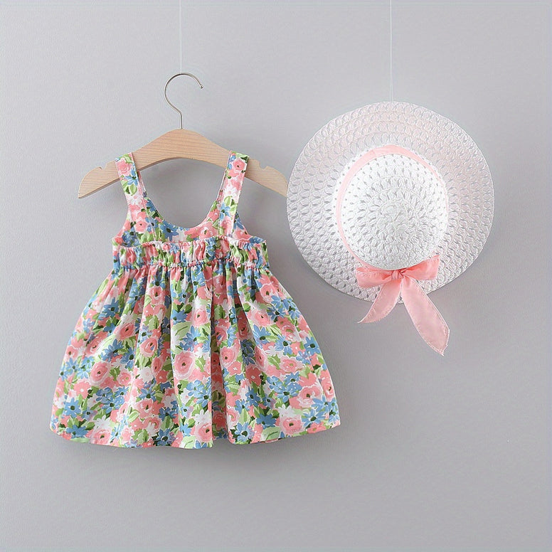 Sweet and Stylish: Puffy Cami Dress with Bow Hat for Baby Girls