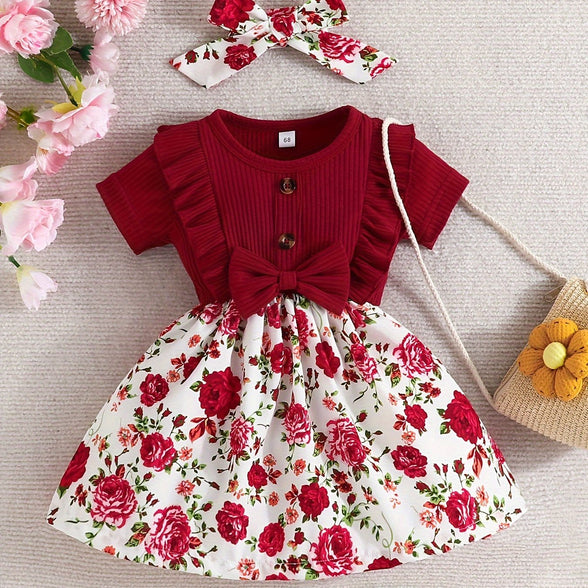 Adorable Baby Girls Casual Ruffle Short Sleeve Floral Dress with Headband Set