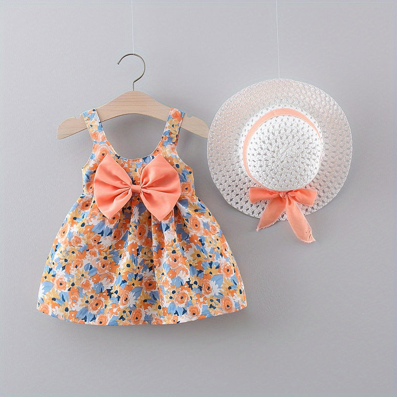 Sweet and Stylish: Puffy Cami Dress with Bow Hat for Baby Girls