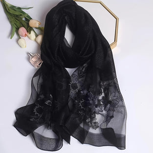 Elegant Embroidered Flower Scarf Shimmering Thin Breathable Shawl Simple Style Windproof Sunscreen Scarf Suitable For Daily Wear Travel