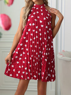 Heart Print Pleated Halter Dress, Sleeveless Hollow Out Back Dress, Women's Clothing