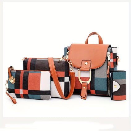 4pcs Backpack Crossbody Bag Handbag And Pen Bag Set, Fashion Contrast Color Backpack Double Shoulder Bag, New Stylish Four-piece Bag, Small Backpack, Plaid Pattern Bag