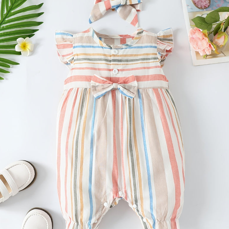 Adorable Baby Girls Casual Striped Romper with Bow Set for Summer Fun