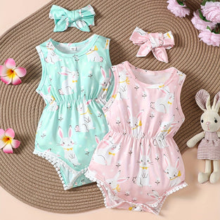 Adorable Bunny Pattern Sleeveless Romper: Perfect Gift for Infant Girls this Summer